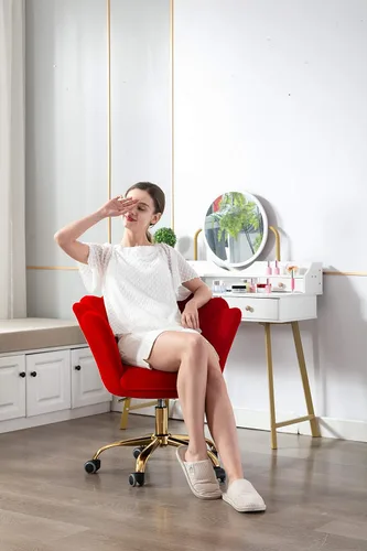 Miniatura 6 de Silla de trabajo cómoda para oficina en casa con ruedas, bonita y moderna tapizada de terciopelo con respaldo de concha, silla de escritorio de Rojo