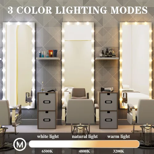 Miniatura 2 de ANYHI Espejo blanco de longitud completa con luces, espejo de cuerpo completo de 63 x 24 pulgadas con luz, 22 bombillas LED, 3 luces