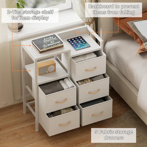 Miniatura 7 de Furnulem Cómoda blanca de 5 cajones para dormitorio, estante de 2 niveles, cómoda de tela pequeña para armario, marco de metal resistente, gabinetes