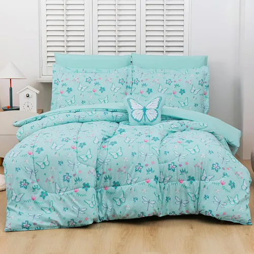 Miniatura 12 de Mooreeke Juego de edredón individual para niños de 6 piezas, juego de ropa de cama azul para adolescentes, microfibra de dinosaurio, cama para niños