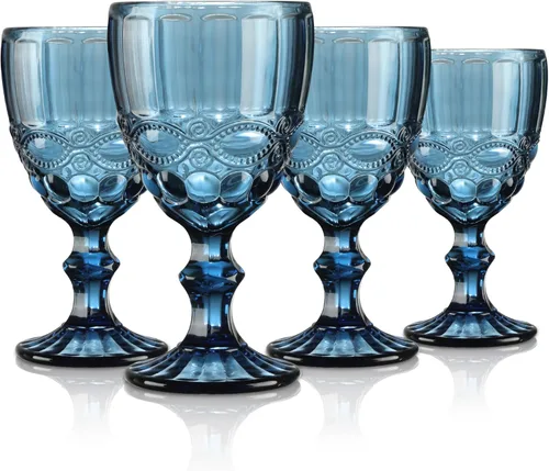 Joeyan Copas de vino vintage azules, copas de agua transparentes, copas de tallo con patrón en relieve, juego de cristalería de colores para