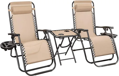Homall Juego de 3 sillas de gravedad cero para patio, reclinables, para exteriores, sillas reclinables portátiles con mesa auxiliar (beige)