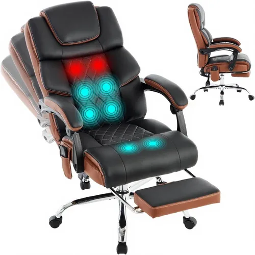 Silla de oficina de masaje de 6 puntos, 500 libras con reposapiés, silla de escritorio reclinable de cuero con calor por vibración, sillas