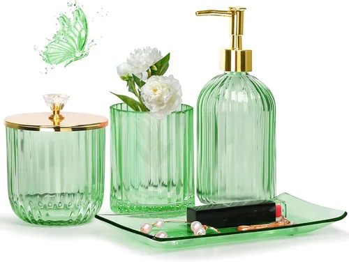 Jenseits Juego de Accesorios de Baño Verde, Juego de 4 Piezas de Accesorios de Baño de Vidrio, Dispensador de Jabón, Portacepillos de Dientes,