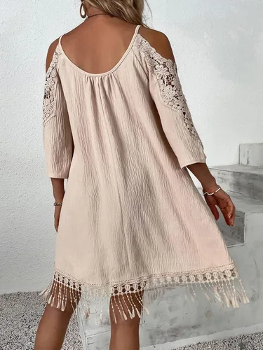 Miniatura 2 de WDIRARA Vestido corto de encaje con hombros descubiertos y cuello redondo, dobladillo con flecos para mujer