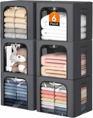 Miniatura 9 de Paquete de 4 contenedores de almacenamiento de ropa con marco de metal, cajas de almacenamiento plegables de tela de 40 L con ventana transparente