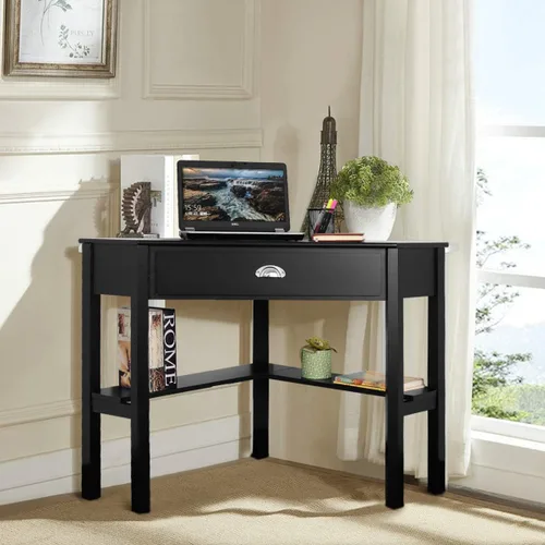 Miniatura 8 de RELAX4LIFE Escritorio esquinero para computadora triangular con cajón y estantes, mesa estable para computadora portátil, escritorio para oficina