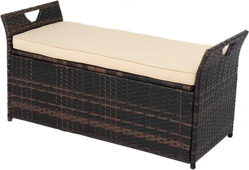 VINGLI Caja de mimbre para exteriores de 40 galones con cojín, caja de almacenamiento de mimbre para patio, jardín, balcón, porche, piscina, patio,