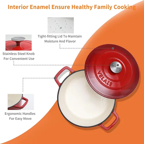 Miniatura 3 de Velaze Horno Holandés de Hierro Fundido Esmaltado de 6 QT, Olla de Doble Asa con Tapa, Horno Redondo Antiadherente de Servicio Pesado para Hornear