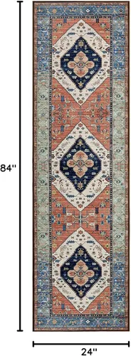 Miniatura 2 de Beeiva Alfombra de pasillo lavable oriental con medallón tribal vintage de 2 x 7 pies con respaldo de goma, medallón tribal vintage no Óxido/Azul