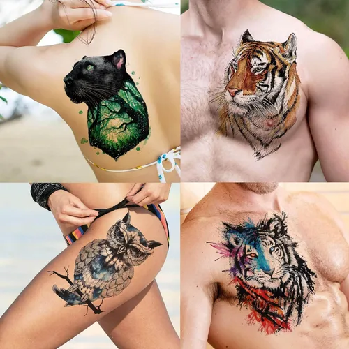 Miniatura 3 de Bilizar 56 hojas de tatuajes temporales de acuarela, búho, tigre, león, para mujeres y hombres, arte corporal, muslo, brazo y muslo, 3D de larga