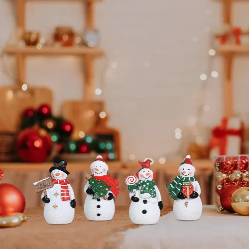 Miniatura 9 de MEETYAMOR Decoraciones navideñas para interiores, 4 adornos de resina de muñeco de nieve para decoración de mesa de Navidad, figuras coleccionables