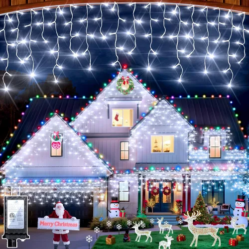 Miniatura 13 de Luces de Navidad de carámbano para exteriores, 60 pies, 612 luces LED con 136 gotas, 12 modos, regulable, temporizador y resistente al agua, 29 V