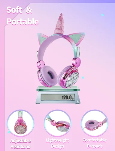 Miniatura 7 de Auriculares estilo unicornio para niños con micrófono, ideales para la escuela/viajes, limitador de volumen de 95 dB, Shareport, auriculares
