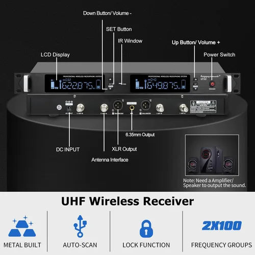 Miniatura 2 de Sistema de micrófono inalámbrico UHF profesional, micrófono de metal de 2 canales, juego de 2 micrófonos inalámbricos de mano, escaneo automático, 2
