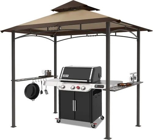 MASTERCANOPY Gazebo de parrilla de 8 x 5 para exteriores, toldo con 2 luces LED (costuras marrones caqui)