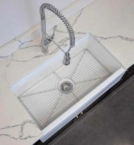 Miniatura 6 de Zuhnë Ostia - Fregadero de cocina de arcilla refractaria blanca de 30 pulgadas, delantal reversible acanalado o liso, cuenco individual de 29 7/8 x
