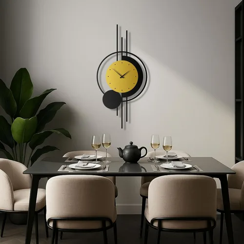 Miniatura 3 de pluviart Reloj de pared geométrico dorado y negro, reloj de metal silencioso grande, arte de pared moderno de mediados de siglo para sala de estar