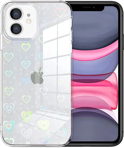 Jusy Compatible con iPhone 13 Pro, funda holográfica con diseño de corazón iridiscente y transparente Kawaii para mujer, diseño de arco iris con