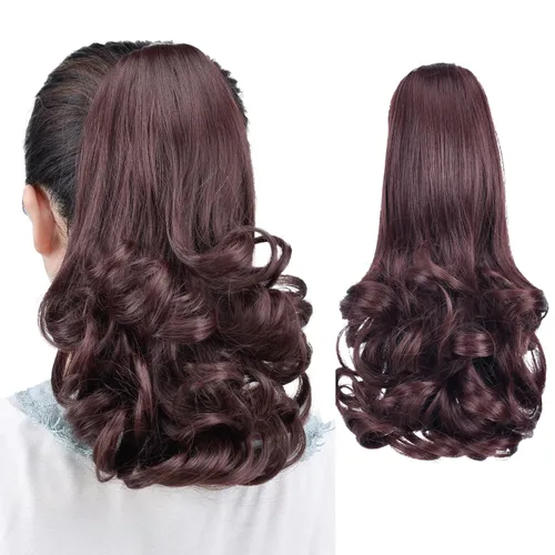 Miniatura 45 de Extensiones de cola de caballo, extensiones de cabello rizado con clip de garra de color marrón oscuro para mujer, peluca sintética de cola