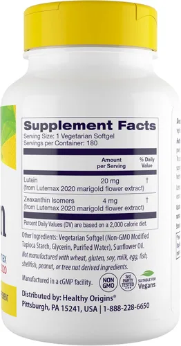 Miniatura 3 de Healthy Origins Luteína 20 mg (Lutemax 2020 con zeaxantina, sin OMG, vegano, soporte para los ojos), 180 geles vegetales
