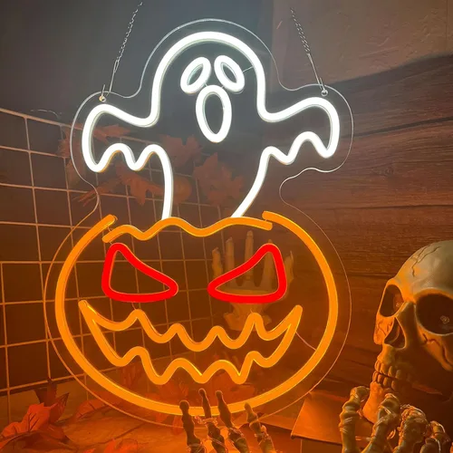 Letrero de neón de calabaza fantasma de Halloween, cara de fantasma, luz de neón espeluznante de calabaza de neón, letreros LED regulables de