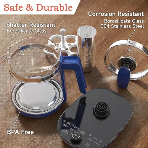 Miniatura 6 de Hervidor Eléctrico de Vidrio Caliente con Infusor de Té y Control de Temperatura, Tetera de Acero Inoxidable de 1.5L y Hervido Rápido de 1200W, Azul