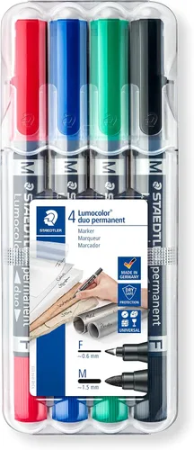 STAEDTLER 348 WP4 Lumocolor Permanent Duo - Rotulador de doble punta, ancho de línea fina y media, colores surtidos (paquete de 4)