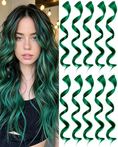 Miniatura 15 de 10 extensiones de cabello sintético rizado y ondulado negro con clip, reflejos de fiesta de neón arcoíris, accesorios de cabello coloridos