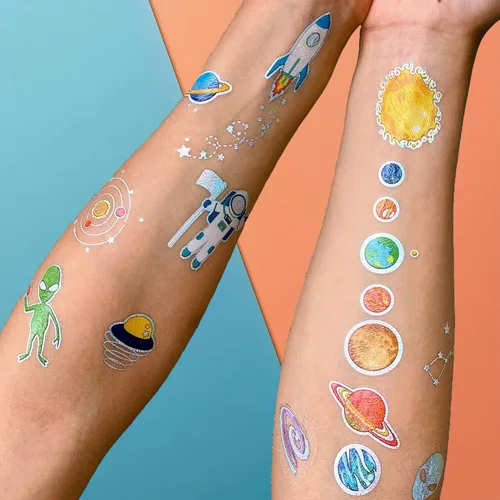Miniatura 4 de PapaKit Outer Space - Juego de tatuajes falsos temporales, 4 hojas de 38 estilos con lámina plateada metálica, suministros de regalo de fiesta