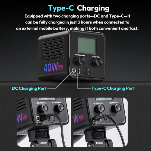 Miniatura 7 de ULANZI Luz de Video LED RGB Portátil de 40W Pro con Adaptador de Corriente DC, Batería Incorporada de 3400mAh, Mini Luz Continua COB de Metal