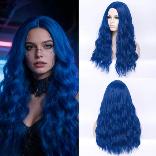 Miniatura 10 de Peluca ondulada azul de 24 pulgadas de largo para mujer, pelucas de fibra resistentes al calor, para Halloween, cosplay, fiesta diaria + gorra (azul)