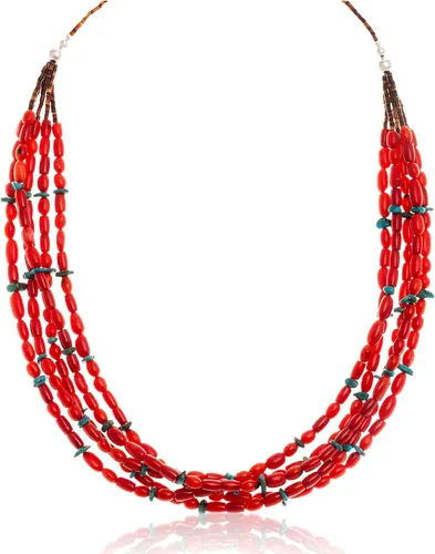 $600Tag Turquesa Coral Plata Certificado Navajo Nativo 5 Strand Collar 25278-0 Hecho por Loma Siiva