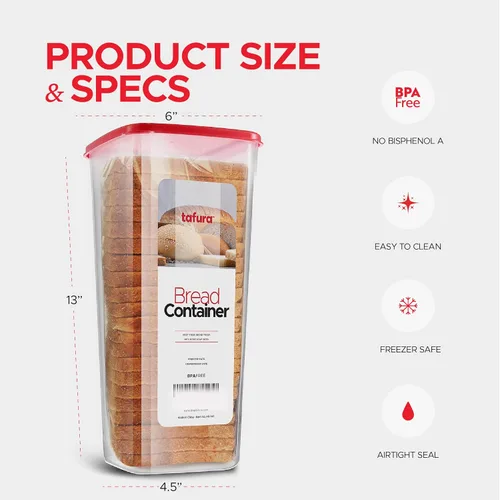 Miniatura 3 de Tafura Contenedor de pan – Caja de pan de plástico sin BPA – Contenedor/soporte para panes caseros y productos horneados con tapa hermética roja