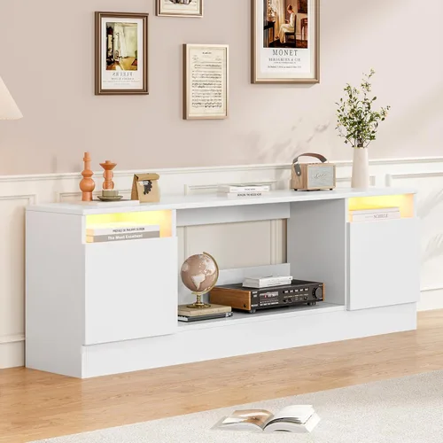 Miniatura 5 de Soporte de TV moderno para TV de hasta 75 pulgadas, armarios de mesa de consola de televisión blancos de 70 pulgadas con almacenamiento y luces LED