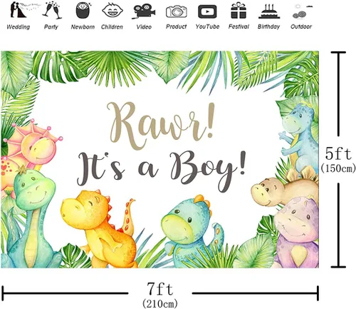 Miniatura 3 de Dinosaurio It's a boy Baby Shower telón de fondo de 7 x 5 pies Oh Boy Tropical Palm Leaves Selva Fondo de fotografía para niños recién nacidos
