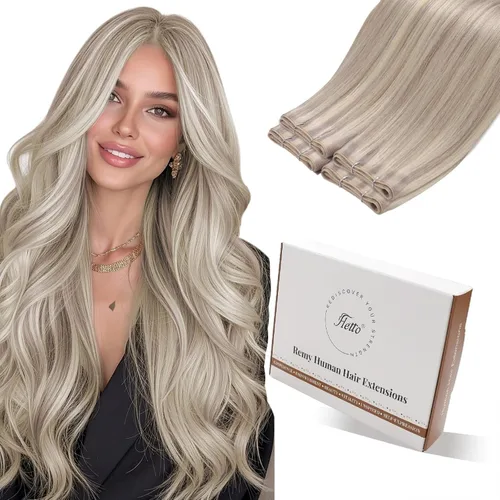Miniatura 13 de Hetto - Extensiones de cabello humano de trama color rubio platino, 12 pulgadas, 2.47 onzas, #60 Coser en trama, volumen natural diario, suave