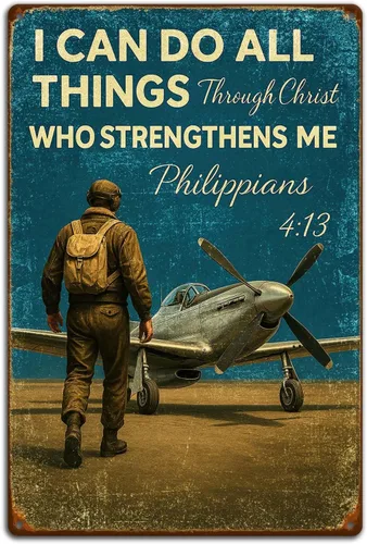 Decoración de pared de avión vintage inspiradora – Letrero de hojalata retro con texto en inglés "I Can Do All Things Through Christ" para