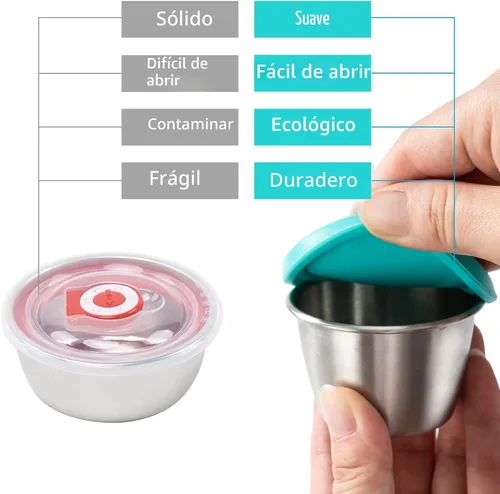 Miniatura 6 de Freshmage [Paquete de 6 de 2.4 onzas] Recipiente de aderezo de acero inoxidable con tapas de silicona, recipientes reutilizables a prueba de fugas