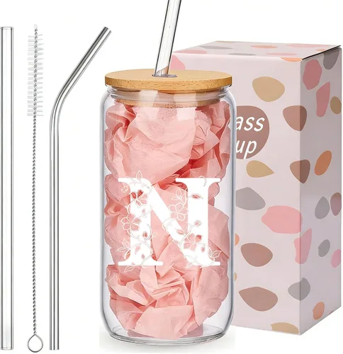Miniatura 20 de Regalos personalizados para mujeres, tazas de vidrio con monograma con tapas y pajitas, regalos personalizados para mujeres, vasos de café helado