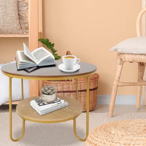 Miniatura 7 de Babion Mesa auxiliar redonda, mesa auxiliar redonda con 2 estantes, mesa de centro rústica con pies ajustables, mesa pequeña para sala de estar