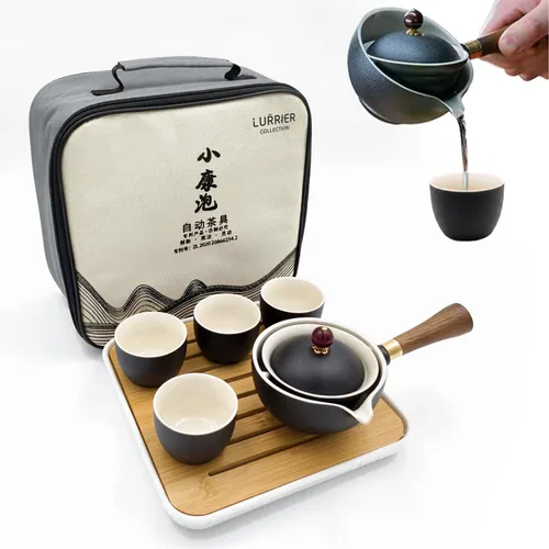 Miniatura 11 de LURRIER Juego de té chino de porcelana Gongfu, juego de tetera portátil con rotación de 360 grados, tetera y infusor, juego todo en uno portátil