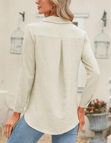 Miniatura 61 de Odosalii - Camisas con botones para mujer, con cuello en V, manga larga, enrolladas, blusas elegantes y formales para negocios y ocasiones casuales
