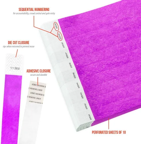 Miniatura 2 de 100 pulseras Tyvek moradas Pantone de WristCo para eventos - Pulseras de papel cómodas resistentes a desgarros, bandas de identificación para muñeca