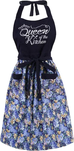 Miniatura 13 de Bonitos delantales florales para mujer con bolsillos, delantal de algodón ajustable con correa para el cuello para cocina, cocina, hornear
