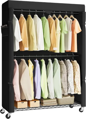 Miniatura 10 de SONGMICS ULGR418BH01 - Perchero de ropa con ruedas rodantes, con estantes de malla ajustables y rieles para colgar, ganchos, 15.8 x 35.4 x 78.3