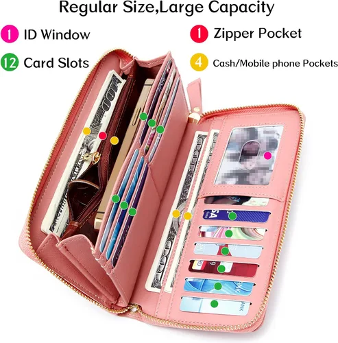 Miniatura 17 de Badiya Billetera para mujer con bloqueo RFlD de cuero con cremallera alrededor de carteras de gran capacidad