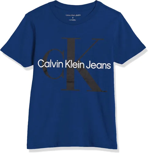 Calvin Klein Camiseta de manga corta con cuello redondo y logotipo para niños, suave, cómoda, ajuste relajado