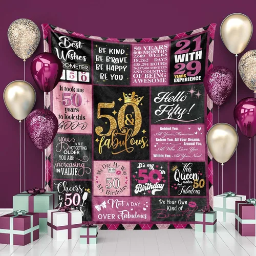 Miniatura 5 de Regalo de 50 cumpleaños para mujer y ella, manta de regalo de cumpleaños 50 Con caja de regalo, 50 x 60 pulgadas, lavable a máquina, transpirable