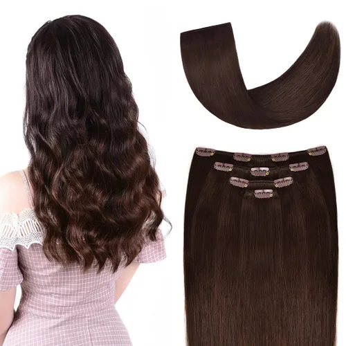 Miniatura 25 de Extensiones de cabello humano Remy de 12 pulgadas con clip para mujer, extensiones de cabello humano sedoso y liso, 1.76 onzas, 4 piezas